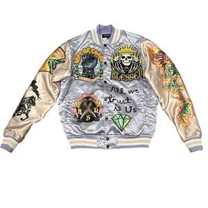 Reason varsity blessed bomber jacket, All we trust lavender/pink skull patches